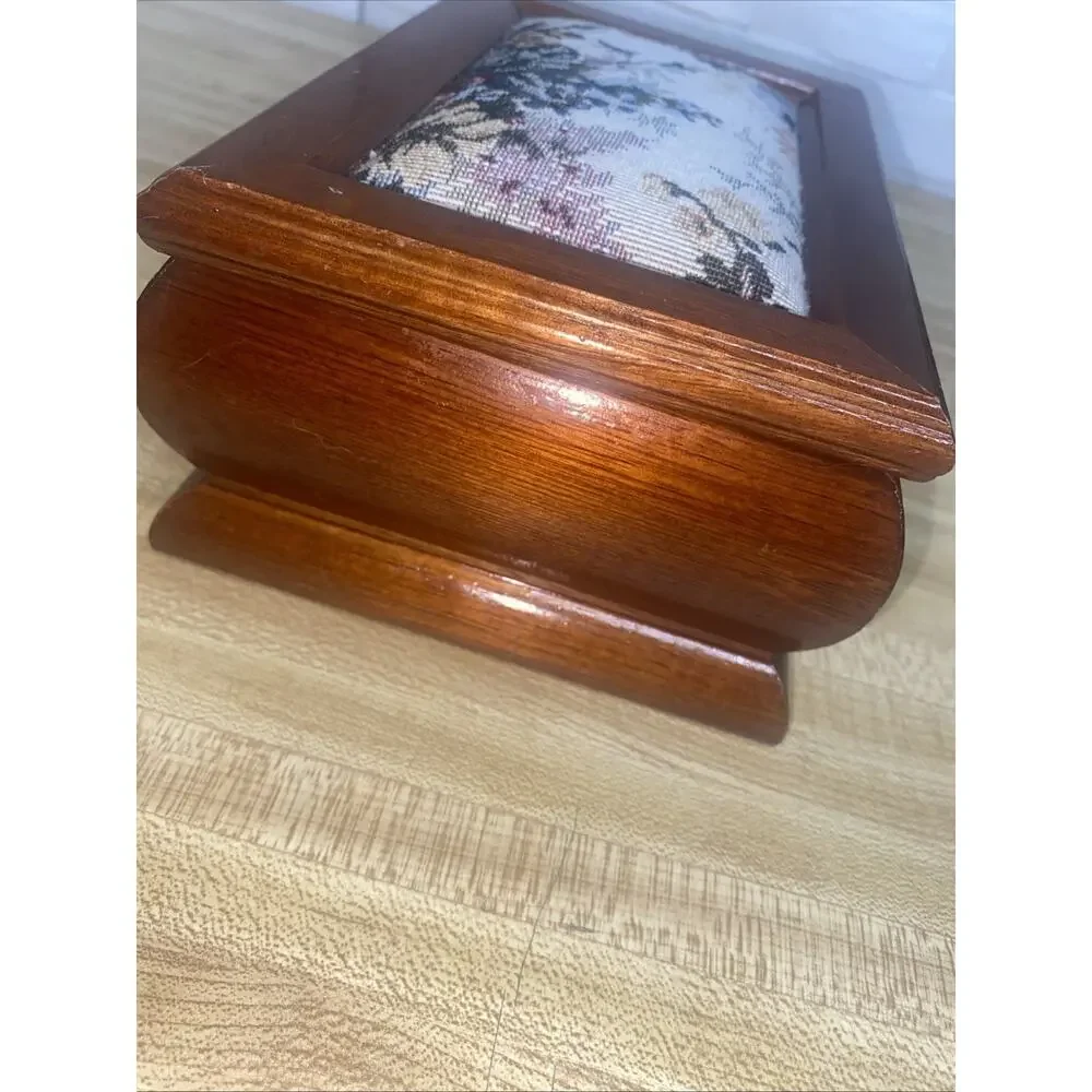Vintage Jewelry Box Wood with Floral Tapestry Inlaid Top Mirrored Velvet Inside